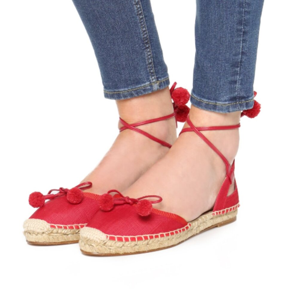 Aquazzura Palm Beach Pom Pom‎ Espadrille Flats in Red sz 39.5